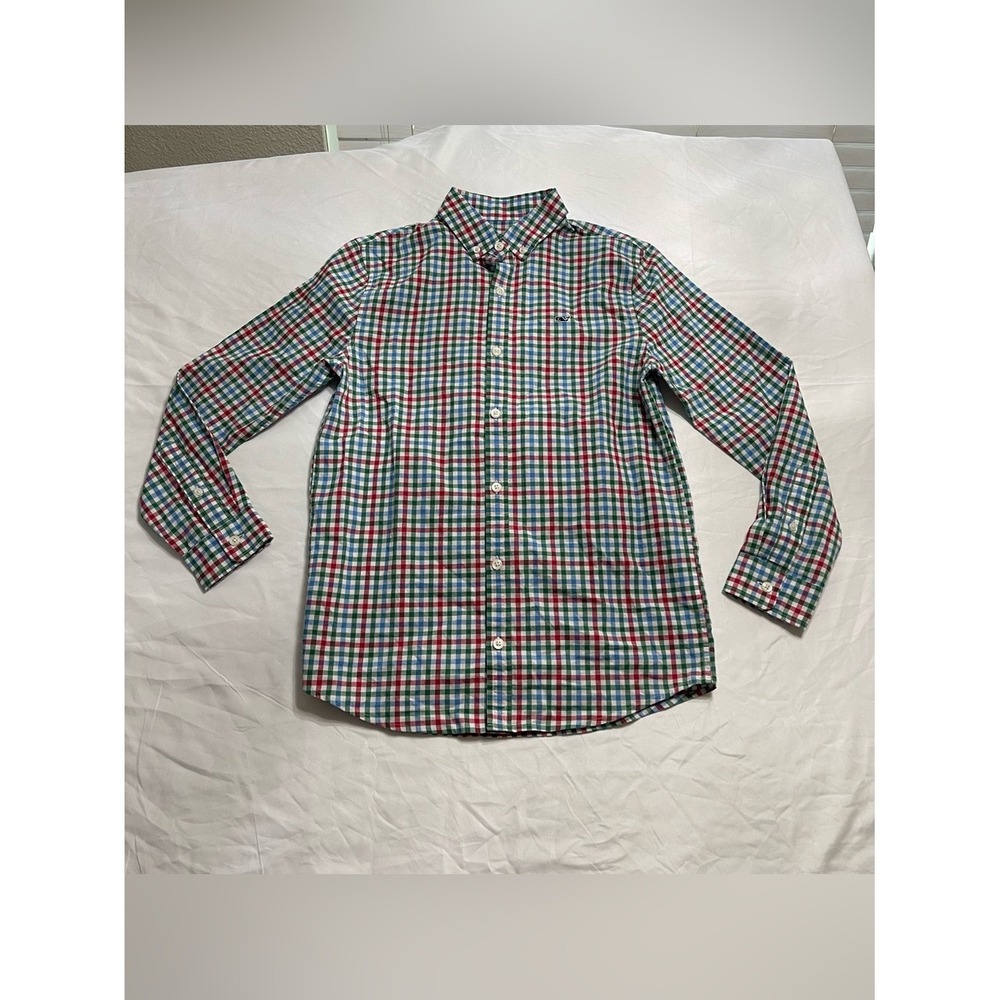 Vineyard Vines Boys Whale Shirt M 12-14 Plaid Button Down Long Sleeve Cotton